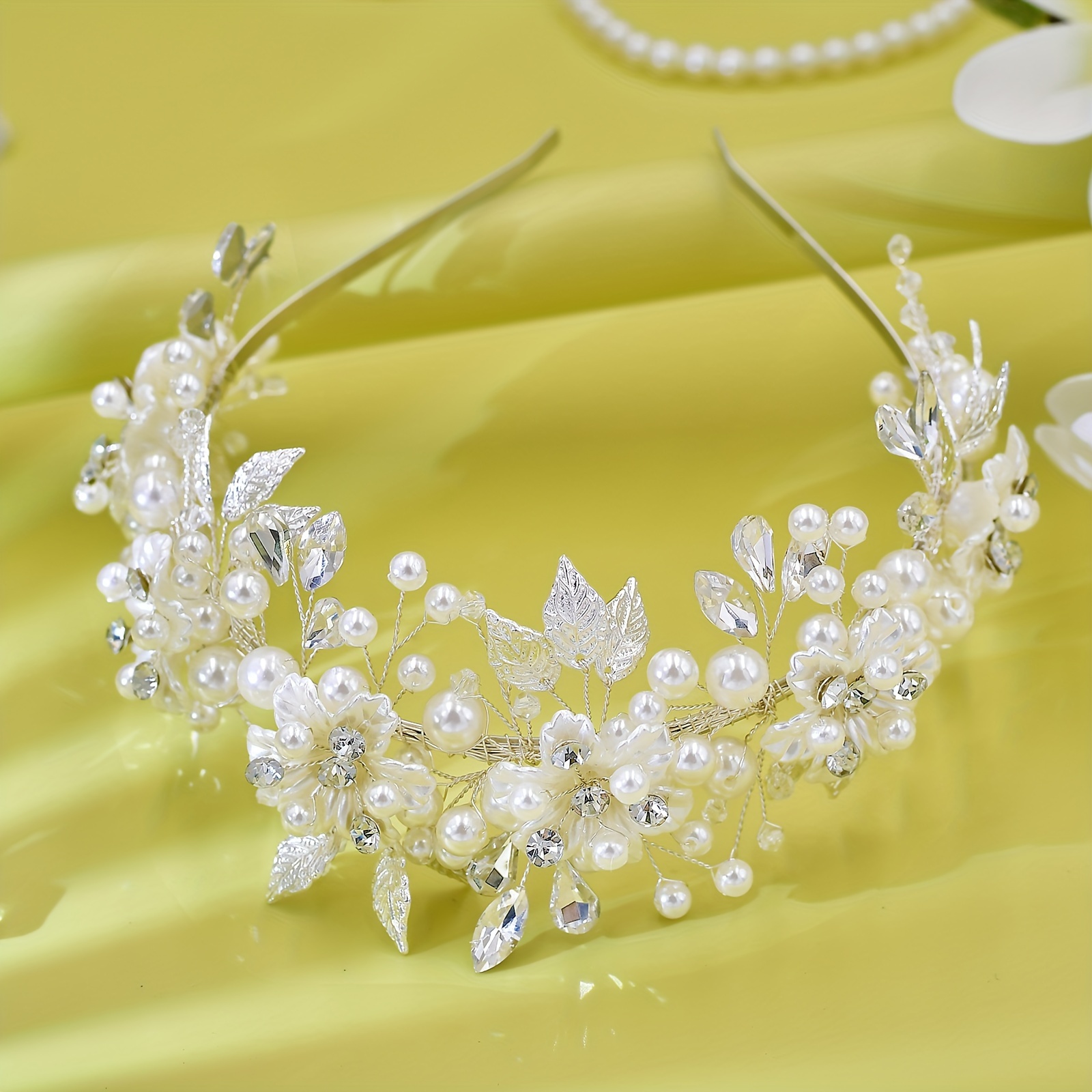 1pc boho style handmade faux pearl headwear flower shaped ornament women hair accessories details 4