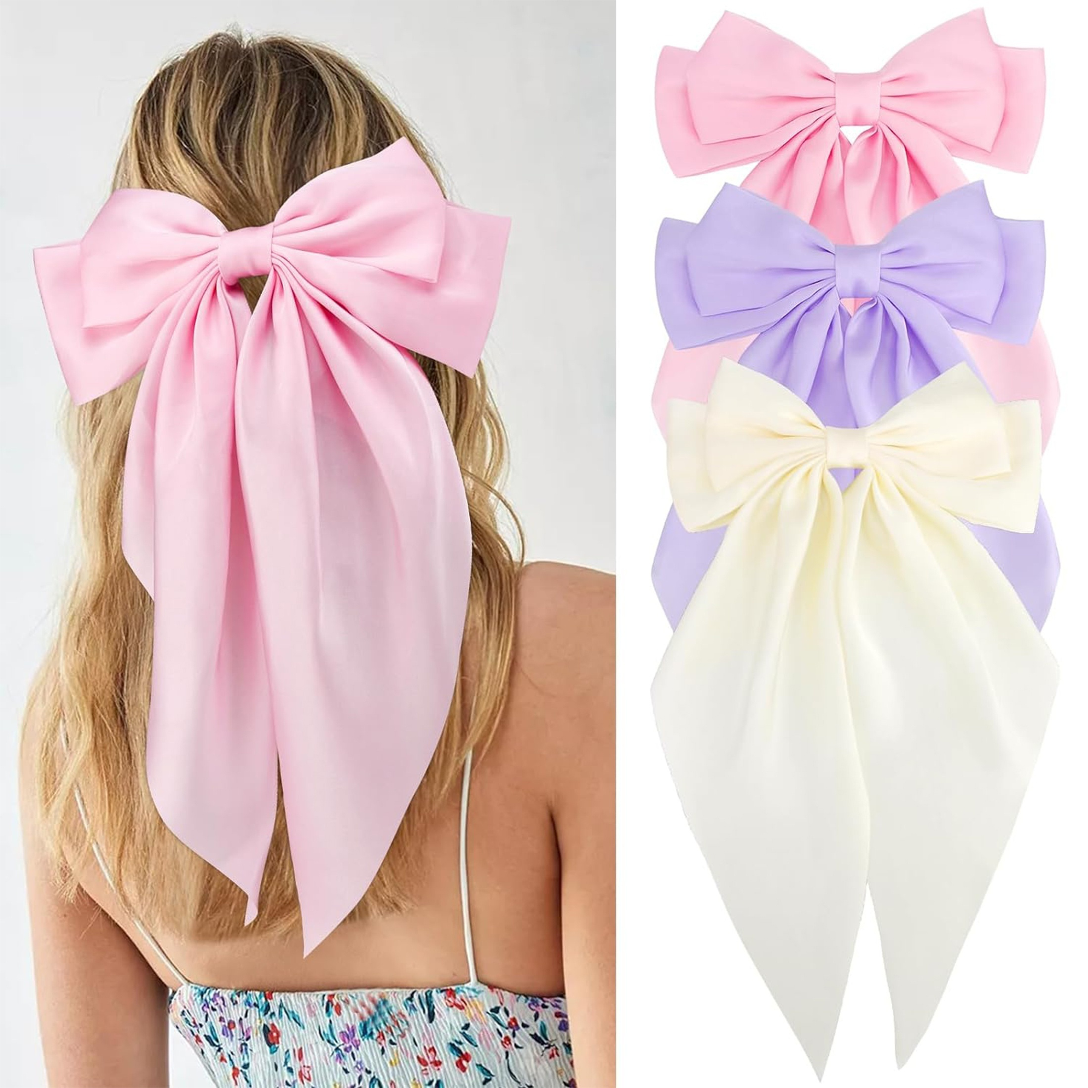 3 pcs elegant solid color satin ribbon bow shape barrettes fashion women hair accessories and daily use details 0