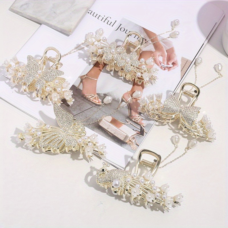 faux pearl rhinestone hair claw head jewelry butterfly shape shark claw exquisite hair accessories details 0