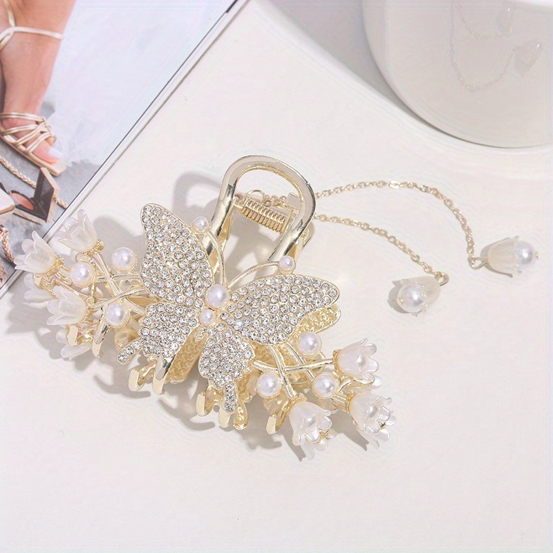 faux pearl rhinestone hair claw head jewelry butterfly shape shark claw exquisite hair accessories details 1