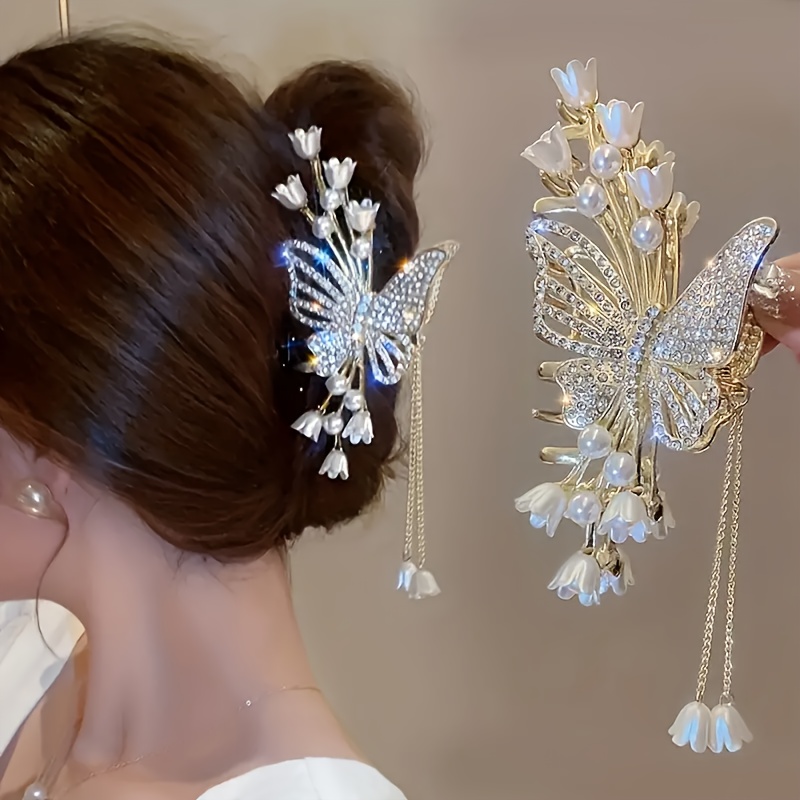 1pcs womens alloy rhinediamond butterfly fringe pearl flower hair hair clip stylish elegant style suitable for everyday use details 1