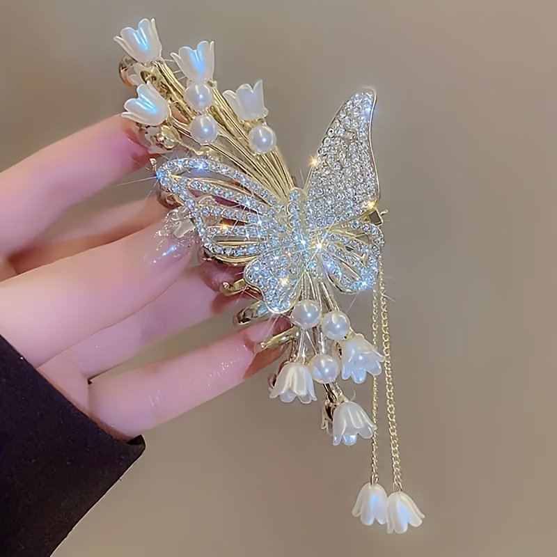 1pcs womens alloy rhinediamond butterfly fringe pearl flower hair hair clip stylish elegant style suitable for everyday use details 2