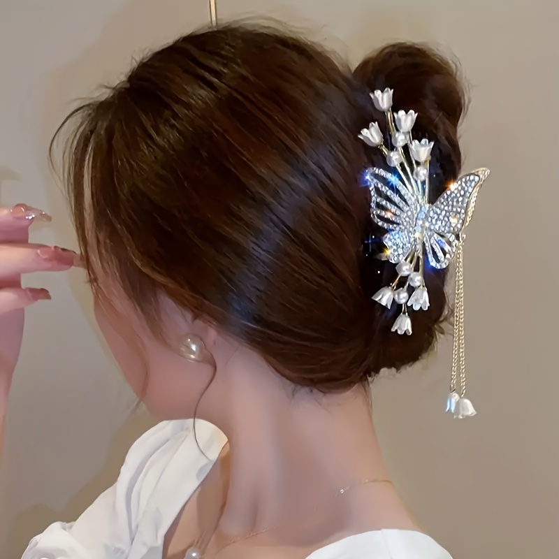 1pcs womens alloy rhinediamond butterfly fringe pearl flower hair hair clip stylish elegant style suitable for everyday use details 3