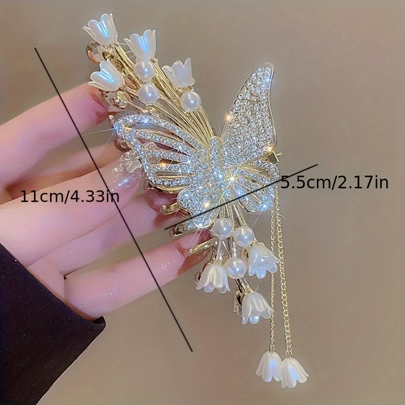 1pcs womens alloy rhinediamond butterfly fringe pearl flower hair hair clip stylish elegant style suitable for everyday use details 4