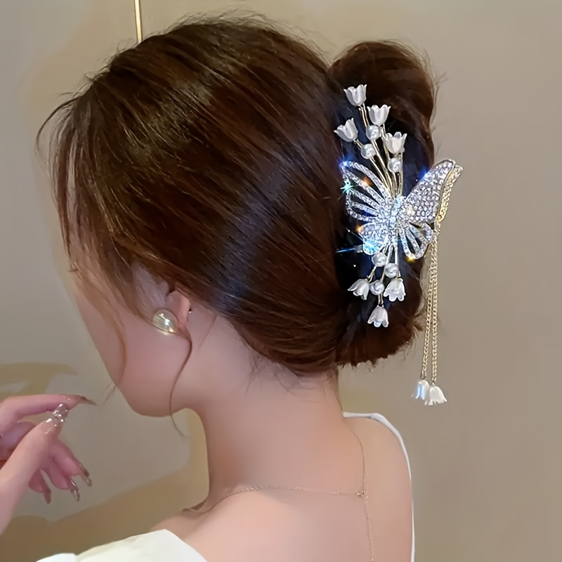 1pcs womens alloy rhinediamond butterfly fringe pearl flower hair hair clip stylish elegant style suitable for everyday use details 5