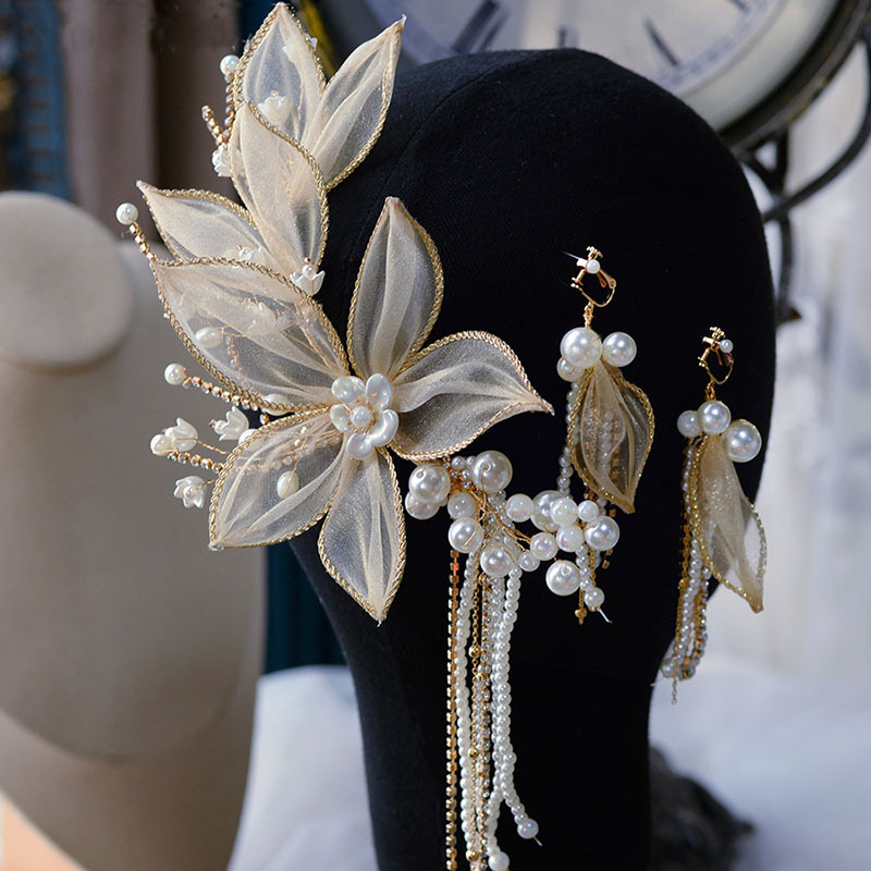 flower faux pearl tassel hairclip earrings set bridal wedding party favor decorations princess tiara cosplay costumes hair accessories details 4